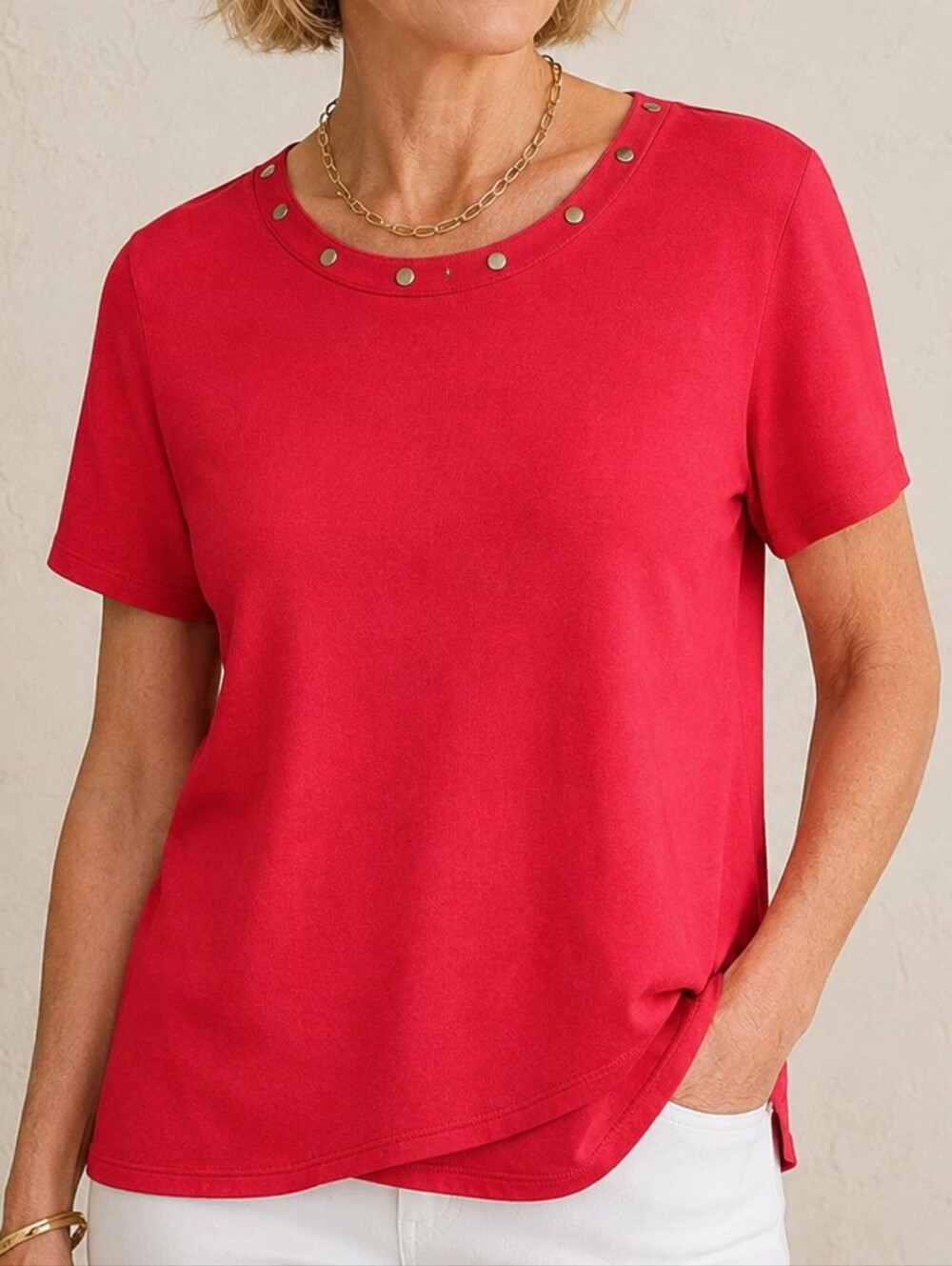 Chico's Travelers Studded Neck Top Red Travel Knit Short Sleeve Tee Size 2 LARGE